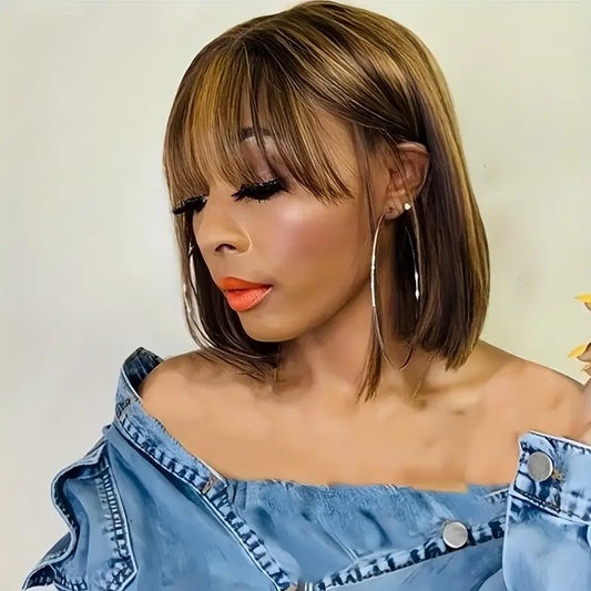 180 Density Highlight Brown Colored Bone Straight Human Hair Bob Wigs Full Machine Wigs P1B 30 Human Hair With Bangs For Women. PD404946 T