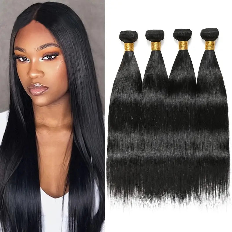 100% Virgin Brazilian Straight Human Hair 4 Bundles Double Weft Unprocessed Natural Black Color Can Be Dyed And Bleached Extensions for Women. WB501975 T