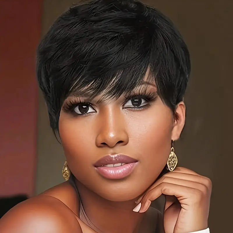 No import chargesLocal warehouse - Fastest delivery: 2 business days4 Inch Short Straight Human Hair Wig - No Lace Front, 180% Density Pixie Cut with Bangs | Machine-Made 100% Human Hair Wig for Women | Natural Look, Versatile Style for All Light Beige To