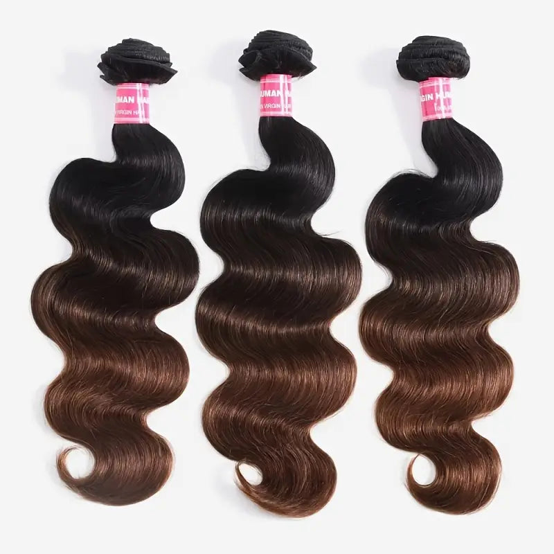 3pcs Klaiyi Dark Root Ombre Brown Body Wave Human Hair Bundles - 100% Brazilian Human Hair, Soft & Thick, 8-26 Inch Mix, No Shedding, Tangle-Free, Long-Lasting for Styling, Washing & Perming. NK299941 T