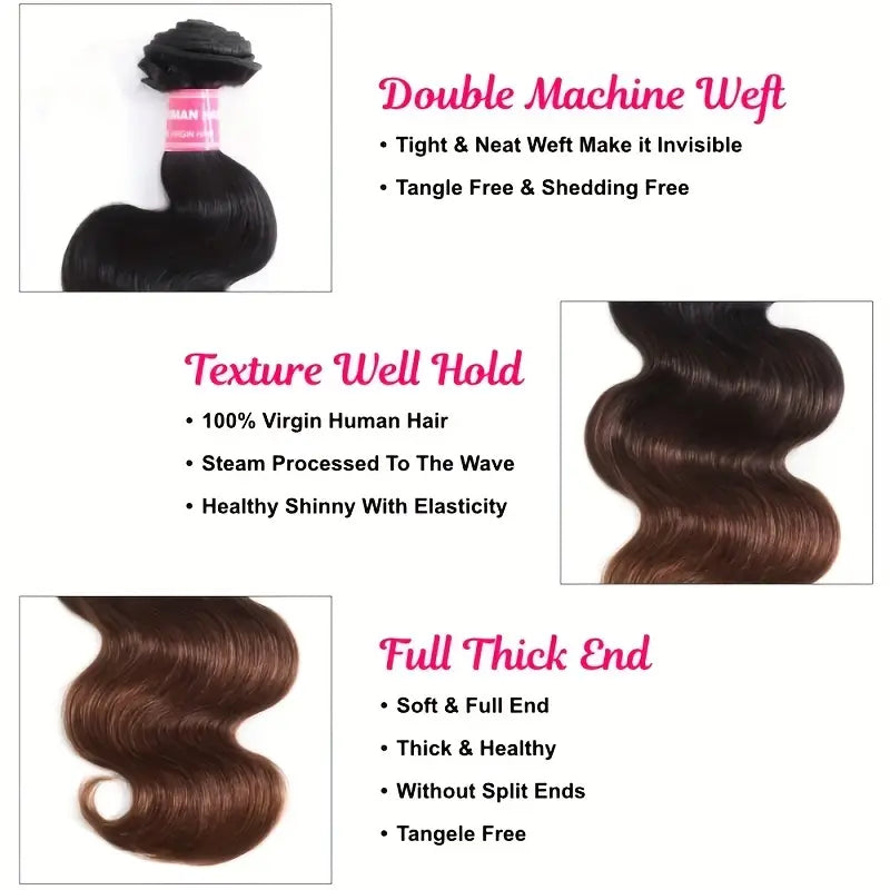3pcs Klaiyi Dark Root Ombre Brown Body Wave Human Hair Bundles - 100% Brazilian Human Hair, Soft & Thick, 8-26 Inch Mix, No Shedding, Tangle-Free, Long-Lasting for Styling, Washing & Perming. NK299941 T