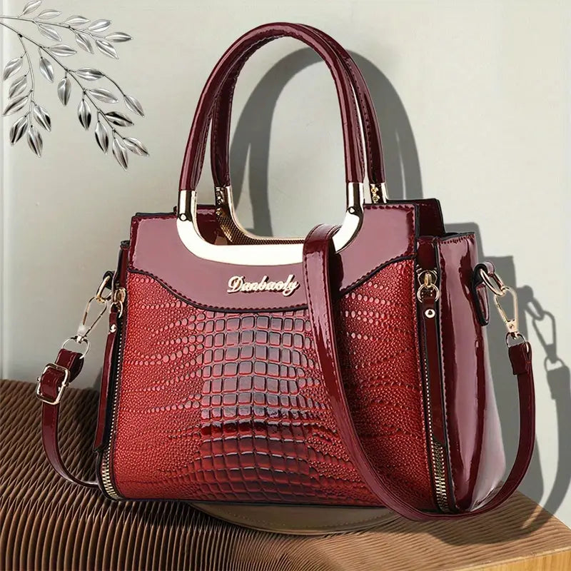 Elegant Crocodile Pattern Women's Tote Bag, Burgundy Red Handbag with Adjustable Crossbody Strap, Glossy Finish Durable Shoulder Bag, Crossbody Bag with Zipper, Stylish And Practical . YL1328541 T