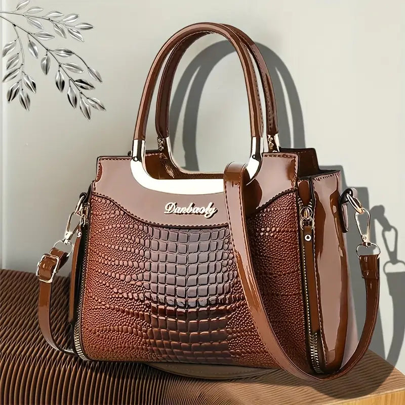 No import chargesLocal warehouseElegant Crocodile Pattern Women's Tote Bag, Burgundy Red Handbag with Adjustable Crossbody Strap, Glossy Finish Durable Shoulder Bag, Crossbody Bag with Zipper, Mother's Day Gift And A Stylish And Practical Mother's Day Gif