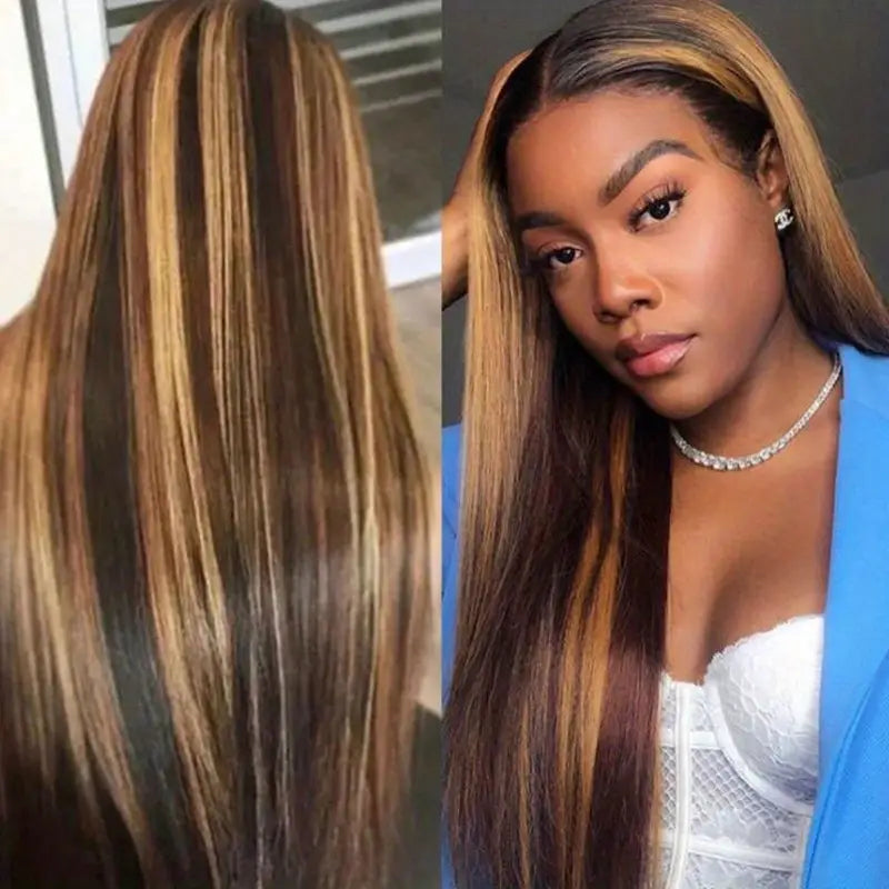 No import chargesLocal - Fastest delivery: 2 BUSINESS DAYSLong Straight Lace Front Wig for Women - Heat-Resistant Synthetic Hair with Dark Brown to Blonde Highlights, Natural Scalp Look, Closed Net Cap, Elegant Style for All Ethnicities, Long Hair Wig, Ve