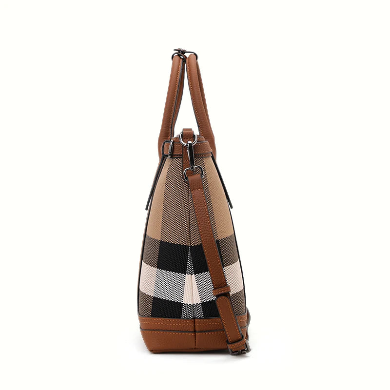 Plaid Canvas - Leather Tote: Dual - Carry Straps. 3256 8092 2203 1099 AE