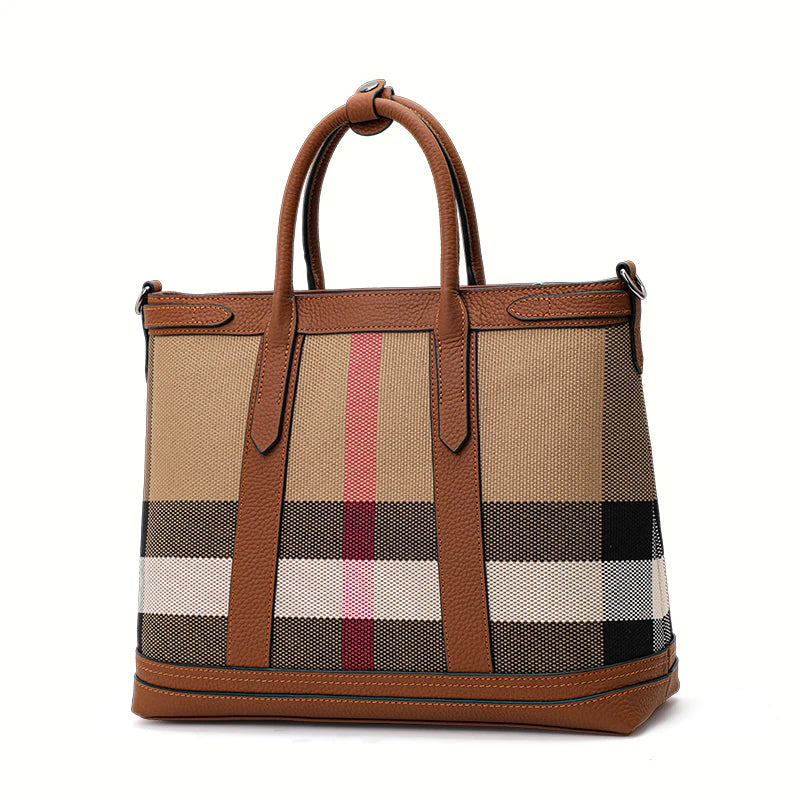 Plaid Canvas - Leather Tote: Dual - Carry Straps. 3256 8092 2203 1099 AE