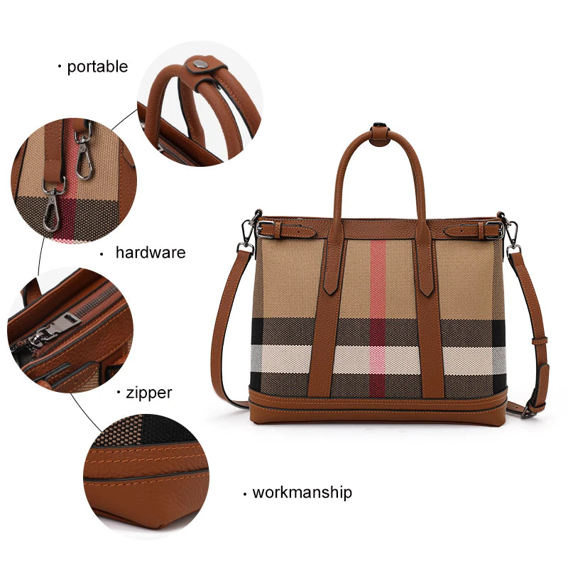 Plaid Canvas - Leather Tote: Dual - Carry Straps. 3256 8092 2203 1099 AE