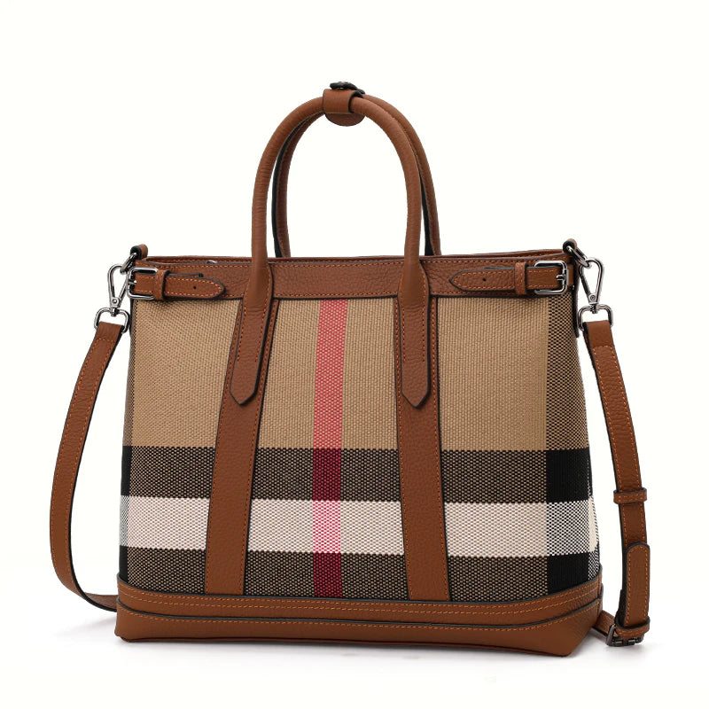 Plaid Canvas - Leather Tote: Dual - Carry Straps. 3256 8092 2203 1099 AE