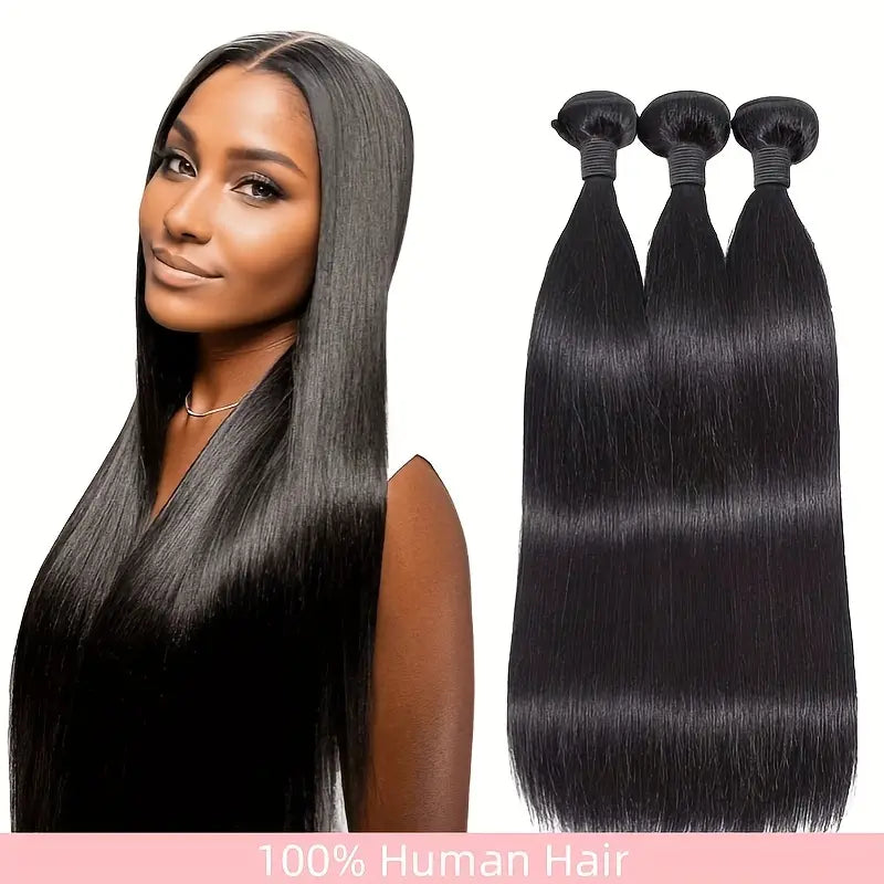 3pcs Straight Human Hair Bundles For Women Natural Black 100% Brazilian Human Hair Extensions Double Machine Hair Weft Easy To Wear For Women Daily Styling Glueless Wig