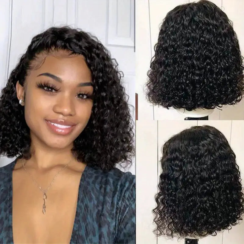 No import chargesLocal warehouse14" Water Wave Bob Wig with Lace Front - Adjustable Fit, Natural Black, High-Density Brazilian Hair, Heat-Resistant Synthetic Fiber, Perfect for Daily Wear, Parties, and Cosplay