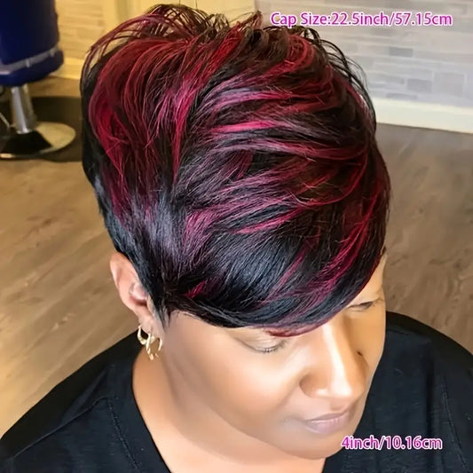 1pc Brazilian Remy Human Hair Pixie Cut Wig - 180% Density Straight Hair, Rose Net Cap, Glueless Machine-Made Y2K Style Short Bob Wig in Burgundy 1B/99J Multicolor for Women. FD3134887 T