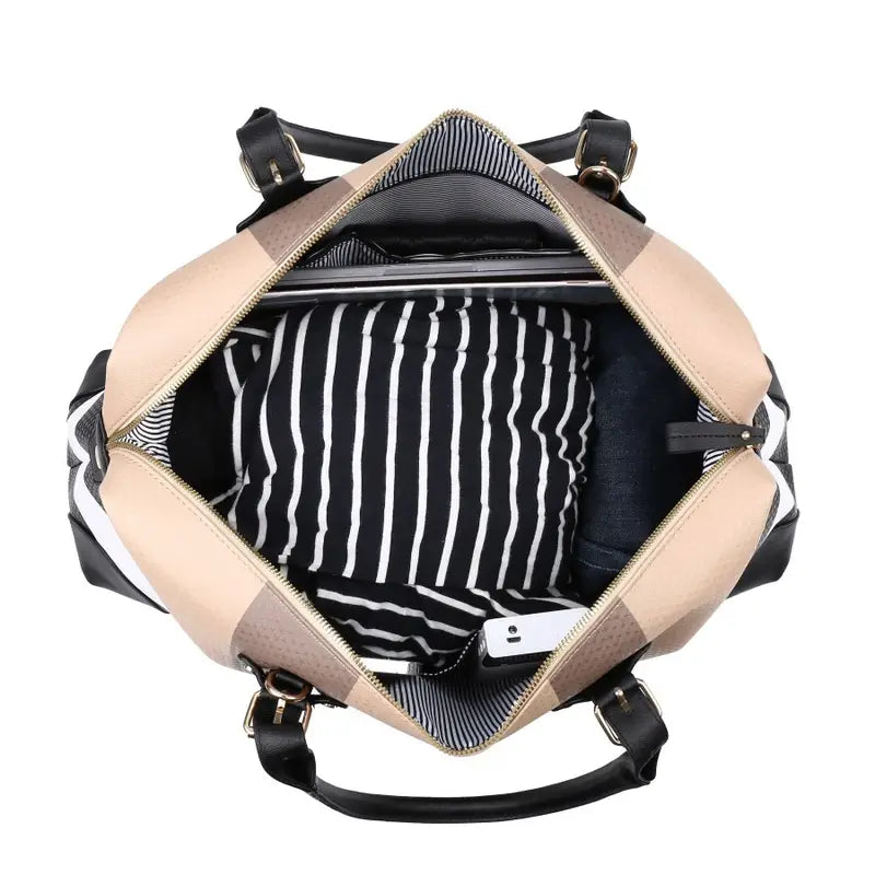 No import chargesLocal - Fastest delivery: 2 BUSINESS DAYSPU leather large overnight travel bag striped pattern handbag carry-on luggage bag suitable for vacation, overnight, camping, hiking, sports and fitness. 14062889Q T