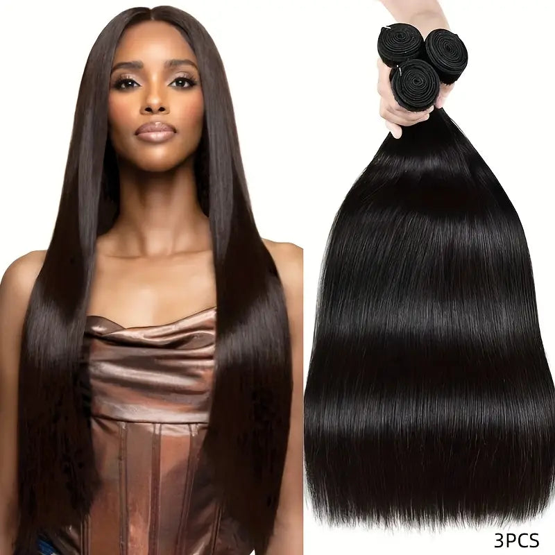 3pcs Straight Human Hair Bundles For Women Natural Black 100% Brazilian Human Hair Extensions Double Machine Hair Weft Easy To Wear For Women Daily Styling Glueless Wig