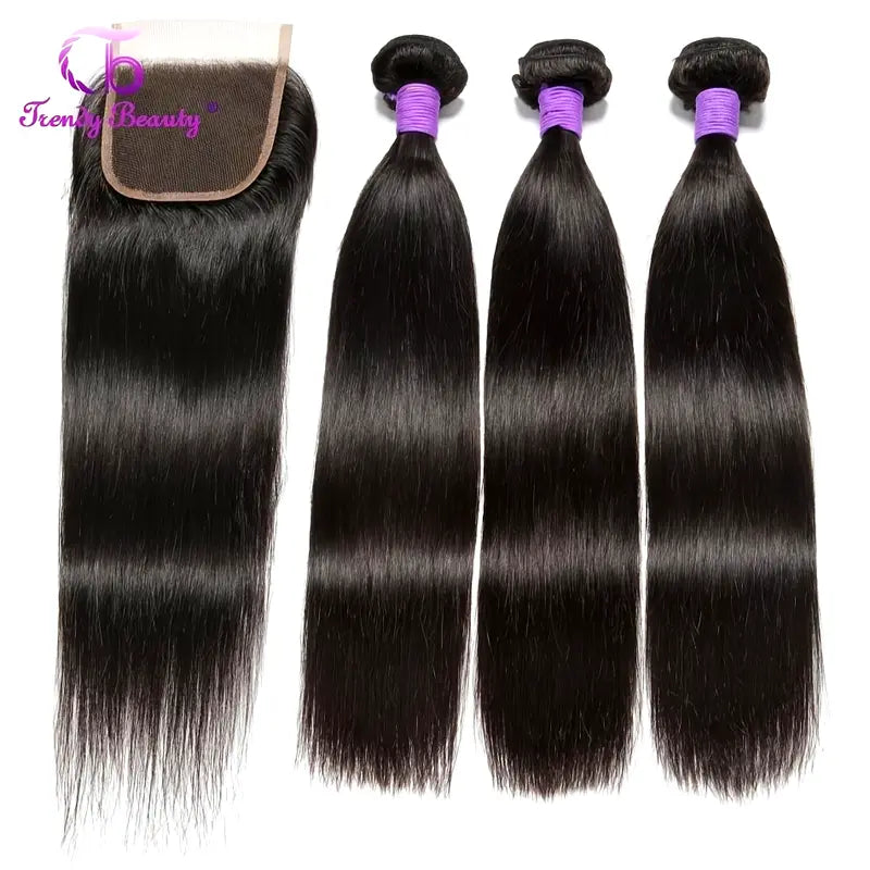 4 Bundles Unprocessed Peruvian Straight Hair With 4x4 Closure 100% Virgin Human Hair 3 Bundles With 4x4 Lace Closure Free Part Closure Natural Black Color
