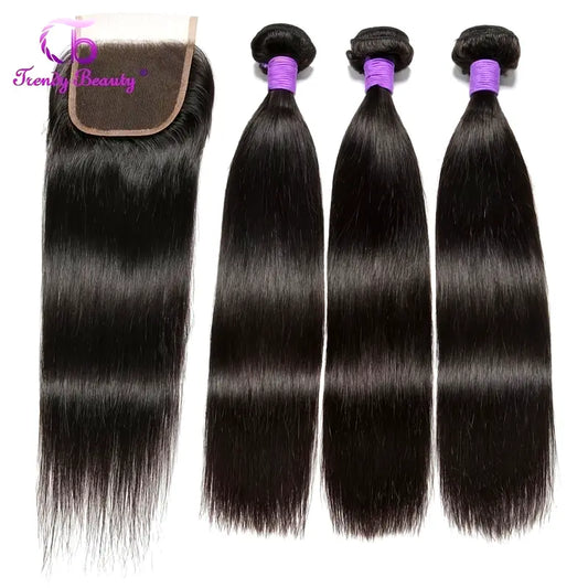 4 Bundles Unprocessed Peruvian Straight Hair With 4x4 Closure 100% Virgin Human Hair 3 Bundles With 4x4 Lace Closure Free Part Closure Natural Black Color