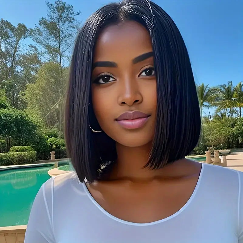 Brazilian Human Hair Short Bob Wig - 4x1 Lace Front, 150% Density Bone Straight Pre-Plucked Natural Hairline & Eyebrows, Unisex for All Ethnicities, Versatile Hair Wig | Natural Hairline. DT232333