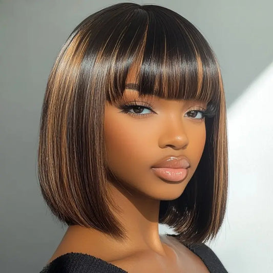 180 Density Highlight Brown Colored Bone Straight Human Hair Bob Wigs Full Machine Wigs P1B 30 Human Hair With Bangs For Women. PD404946 T