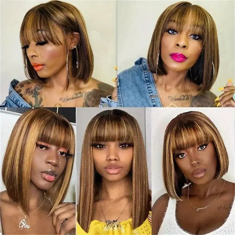 180 Density Highlight Brown Colored Bone Straight Human Hair Bob Wigs Full Machine Wigs P1B 30 Human Hair With Bangs For Women. PD404946 T