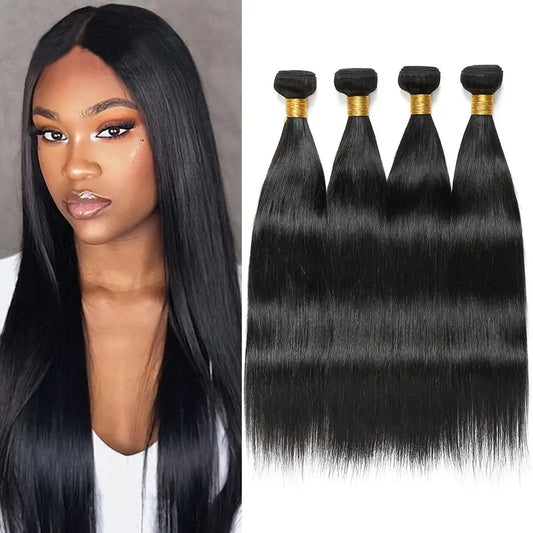 100% Virgin Brazilian Straight Human Hair 4 Bundles Double Weft Unprocessed Natural Black Color Can Be Dyed And Bleached Extensions for Women. WB501975 T