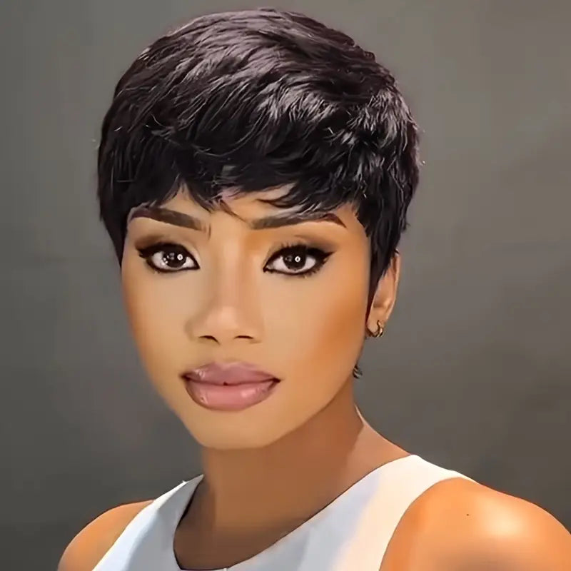 Vibrant Red 99J Burgundy/1B/Green Human Hair Wig 6 inch Pixie Cut Human Hair Wig with Bangs 180% Density Brazilian Remy Hair Wig. MY2139273 T