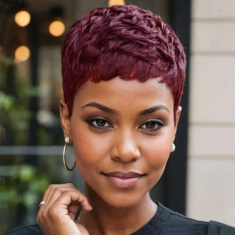 Local warehouseElegant Short Pixie Cut Wig with Bangs - 120% Density Synthetic Layered Wavy Hair for Women, Dark Brown to Blonde Gradient, Perfect for Parties, Festivals & Everyday Style, Hair Wig