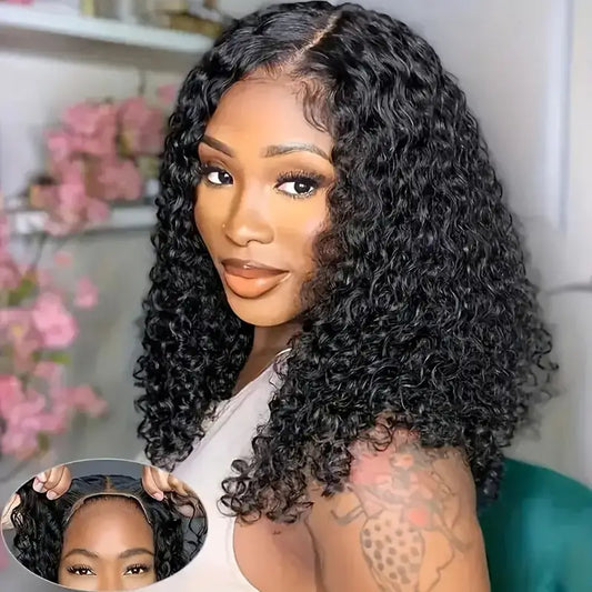 No import chargesLocal warehouse200 Density 4x4 Curly Wave Glueless Lace Closure Wigs Human Hair HD Transparent Frontal Wigs Human Hair for Women Curly Wave Glueless Wigs Human Hair Pre Plucked with Baby Hair Natural Black
