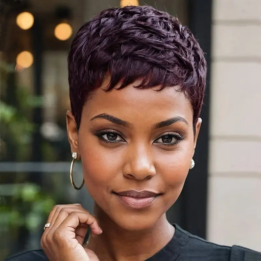 Local warehouseElegant Short Pixie Cut Wig with Bangs - 120% Density Synthetic Layered Wavy Hair for Women, Dark Brown to Blonde Gradient, Perfect for Parties, Festivals & Everyday Style, Hair Wig