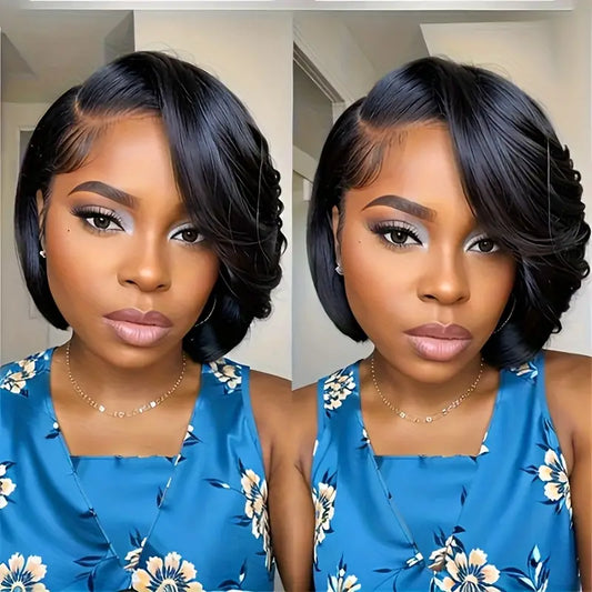 elegant brazilian Remy human hair Pixie cut wig 8 inch short straight Bob 150% density 13X4 transparent Lace Front Natural look and comfortable fit versatile for daily wear Suitable for all ethnicities. WM2962543 T