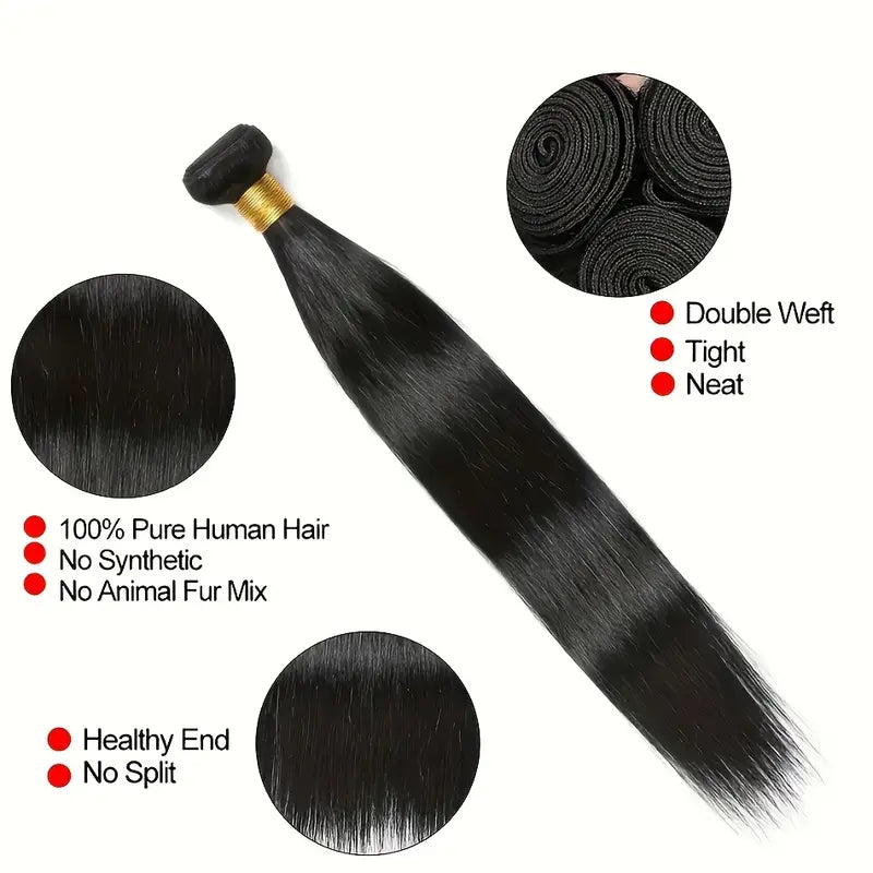 100% Virgin Brazilian Straight Human Hair 4 Bundles Double Weft Unprocessed Natural Black Color Can Be Dyed And Bleached Extensions for Women. WB501975 T
