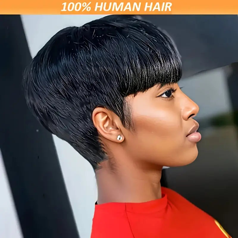 No import chargesLocal warehouse - Fastest delivery: 2 business days4 Inch Short Straight Human Hair Wig - No Lace Front, 180% Density Pixie Cut with Bangs | Machine-Made 100% Human Hair Wig for Women | Natural Look, Versatile Style for All Light Beige To