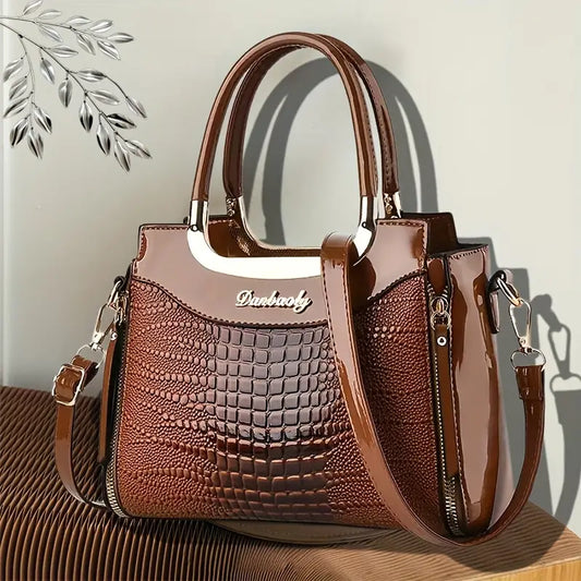 No import chargesLocal warehouseElegant Crocodile Pattern Women's Tote Bag, Burgundy Red Handbag with Adjustable Crossbody Strap, Glossy Finish Durable Shoulder Bag, Crossbody Bag with Zipper, Mother's Day Gift And A Stylish And Practical Mother's Day Gif