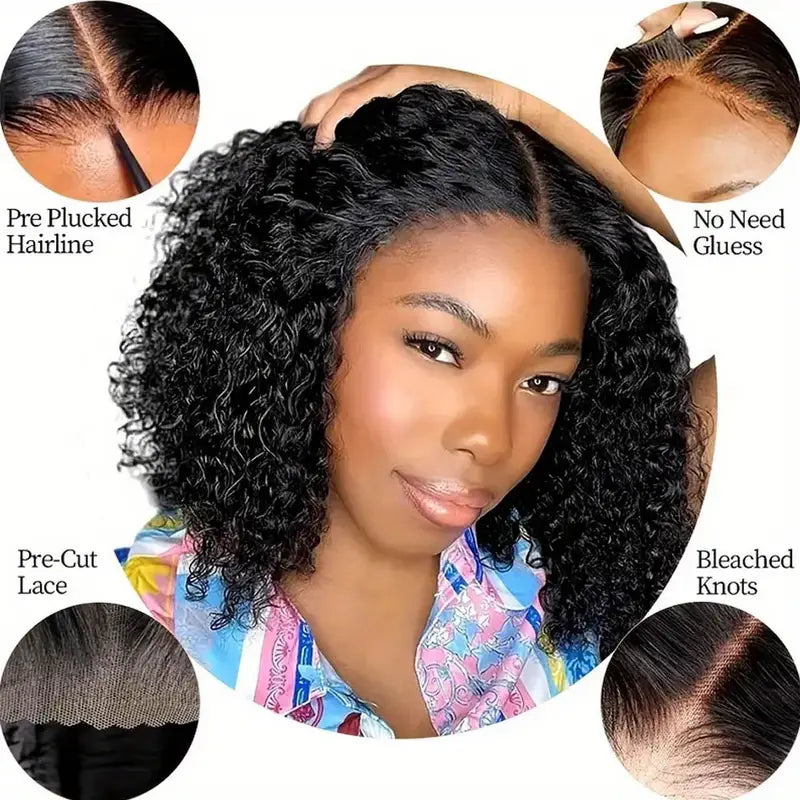 No import chargesLocal warehouse200 Density 4x4 Curly Wave Glueless Lace Closure Wigs Human Hair HD Transparent Frontal Wigs Human Hair for Women Curly Wave Glueless Wigs Human Hair Pre Plucked with Baby Hair Natural Black