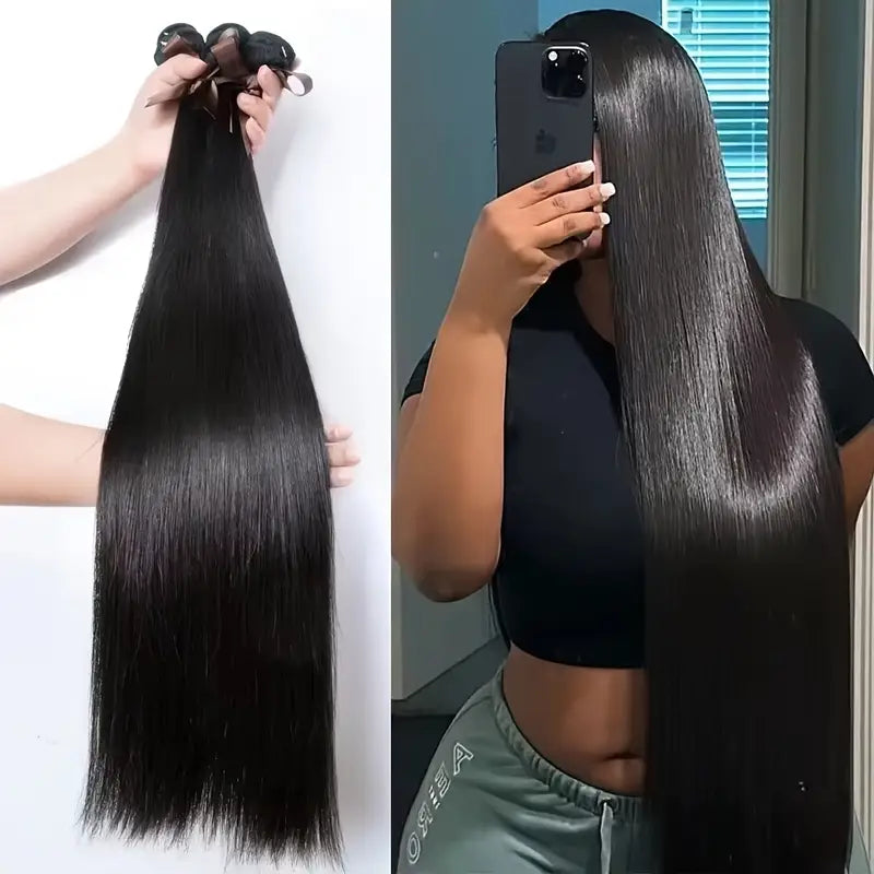 3pcs Straight Human Hair Bundles For Women Natural Black 100% Brazilian Human Hair Extensions Double Machine Hair Weft Easy To Wear For Women Daily Styling Glueless Wig