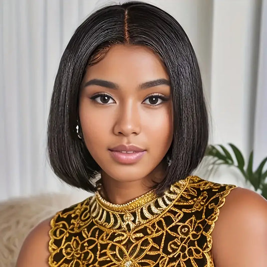 Brazilian Human Hair Short Bob Wig - 4x1 Lace Front, 150% Density Bone Straight Pre-Plucked Natural Hairline & Eyebrows, Unisex for All Ethnicities, Versatile Hair Wig | Natural Hairline. DT232333