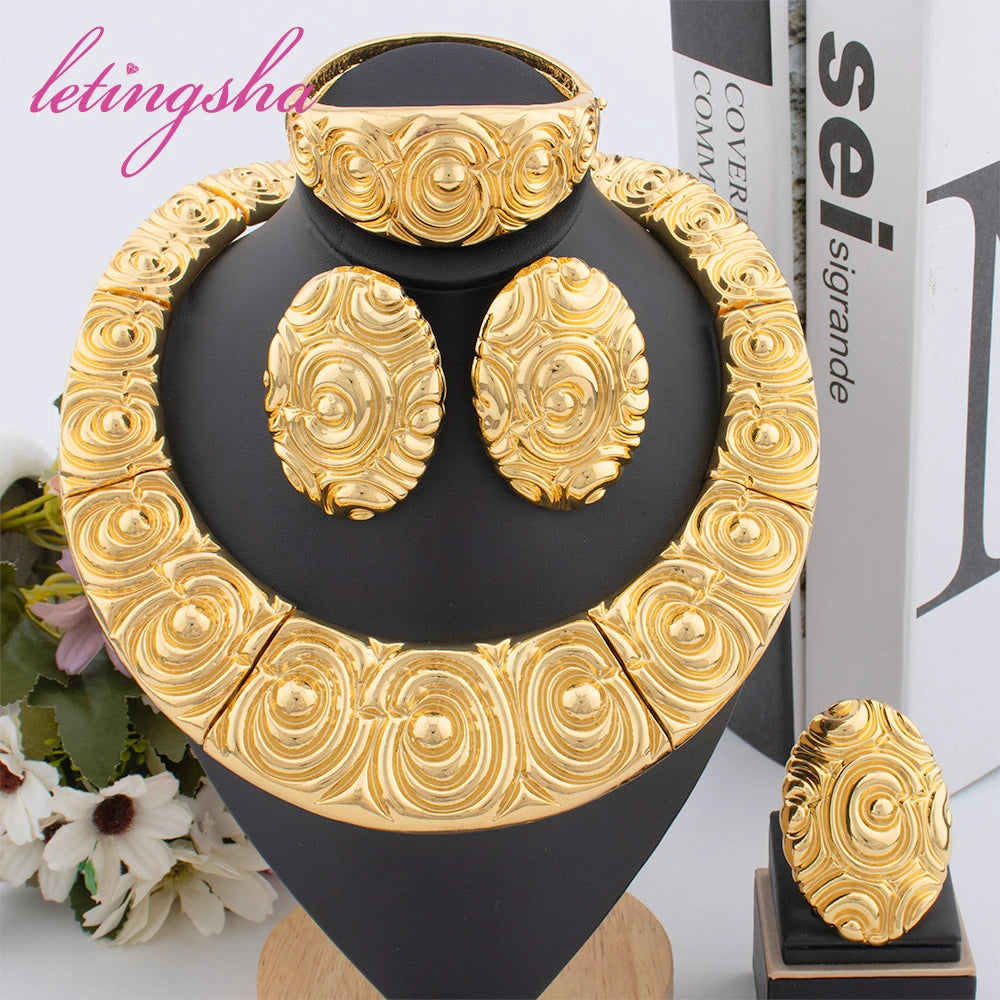 African Fashion Beads Round Jewelry Set for Women Luxury Gold Color Tassel Earrring Pendant Bangle Ring Set Wedding Party Gift. 3256 8067 6834 0426 AE