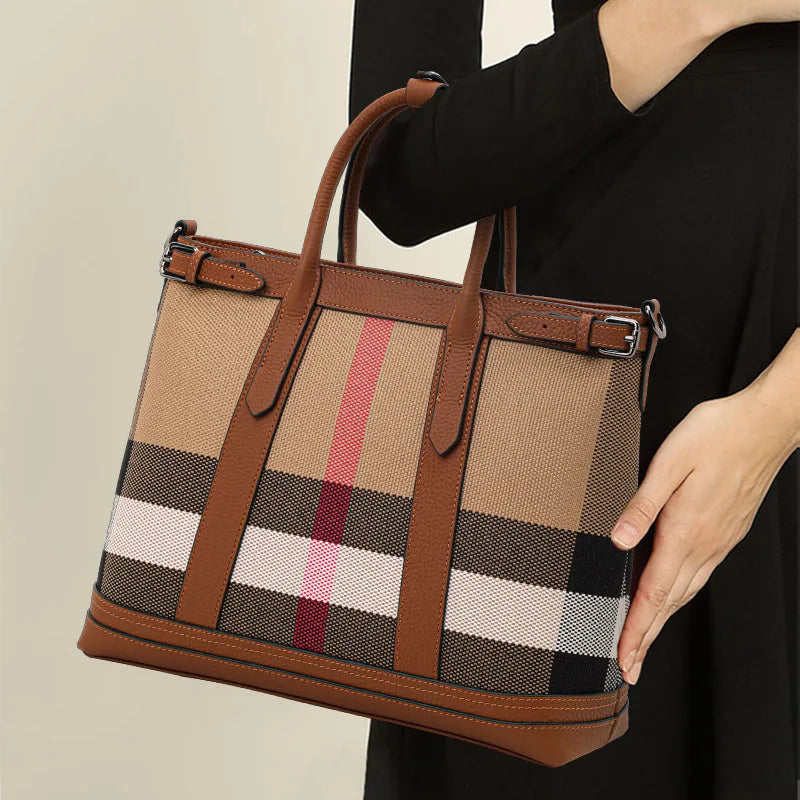 Plaid Canvas - Leather Tote: Dual - Carry Straps. 3256 8092 2203 1099 AE