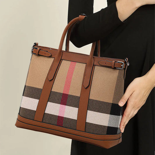Plaid Canvas - Leather Tote: Dual - Carry Straps. 3256 8092 2203 1099 AE