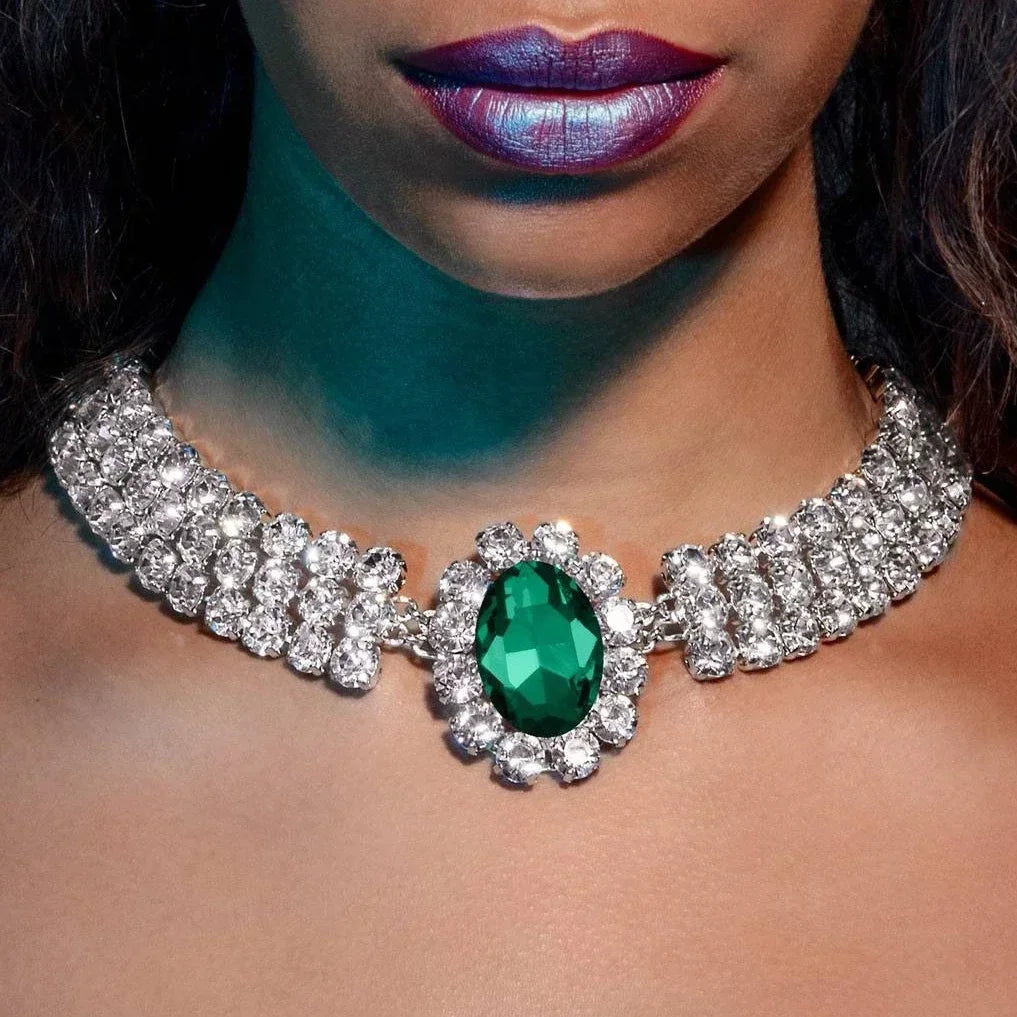 2024 New Fashion Green Crystal Bridal Jewelry for Women Rhinestone Choker Water Drop Chain Collars Necklaces Accessories. 3256 8065 4907 4393 AE