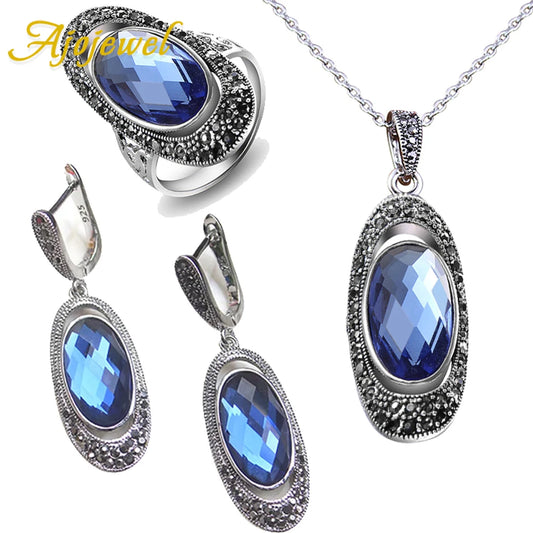 Ajojewel Egg Shaped Blue Crystal Jewelry Sets For Women Silver-color Vintage Necklace Earrings Ring Rhinestone. AJOJS 2024 1007 AE
