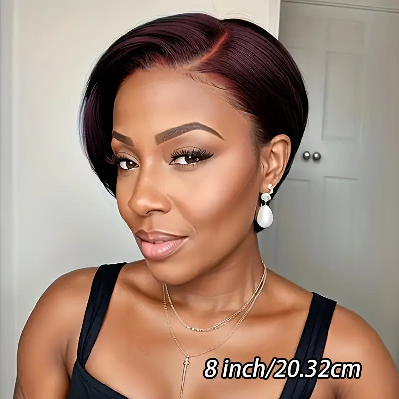 elegant brazilian Remy human hair Pixie cut wig 8 inch short straight Bob 150% density 13X4 transparent Lace Front Natural look and comfortable fit versatile for daily wear Suitable for all ethnicities. WM2962543 T