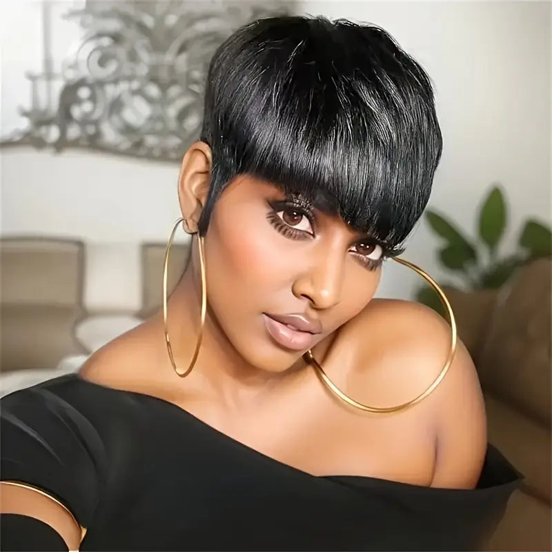 No import chargesLocal warehouse - Fastest delivery: 2 business days4 Inch Short Straight Human Hair Wig - No Lace Front, 180% Density Pixie Cut with Bangs | Machine-Made 100% Human Hair Wig for Women | Natural Look, Versatile Style for All Light Beige To