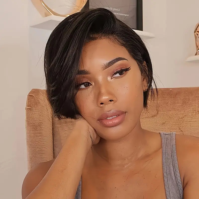 elegant brazilian Remy human hair Pixie cut wig 8 inch short straight Bob 150% density 13X4 transparent Lace Front Natural look and comfortable fit versatile for daily wear Suitable for all ethnicities. WM2962543 T