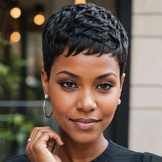 Local warehouseElegant Short Pixie Cut Wig with Bangs - 120% Density Synthetic Layered Wavy Hair for Women, Dark Brown to Blonde Gradient, Perfect for Parties, Festivals & Everyday Style, Hair Wig