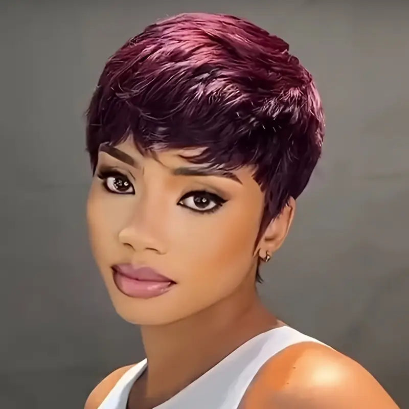 Vibrant Red 99J Burgundy/1B/Green Human Hair Wig 6 inch Pixie Cut Human Hair Wig with Bangs 180% Density Brazilian Remy Hair Wig. MY2139273 T