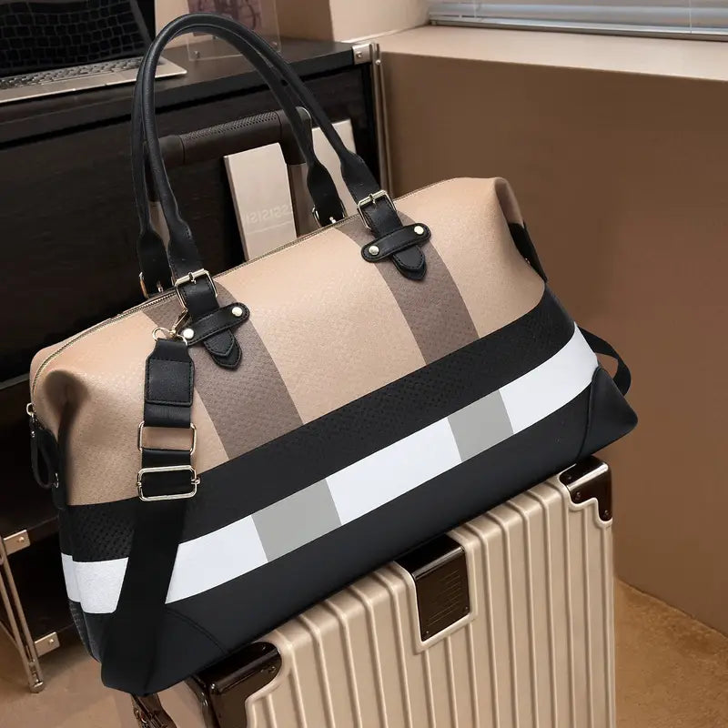 No import chargesLocal - Fastest delivery: 2 BUSINESS DAYSPU leather large overnight travel bag striped pattern handbag carry-on luggage bag suitable for vacation, overnight, camping, hiking, sports and fitness. 14062889Q T