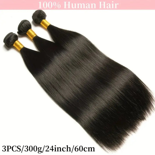 3pcs Straight Human Hair Bundles For Women Natural Black 100% Brazilian Human Hair Extensions Double Machine Hair Weft Easy To Wear For Women Daily Styling Glueless Wig