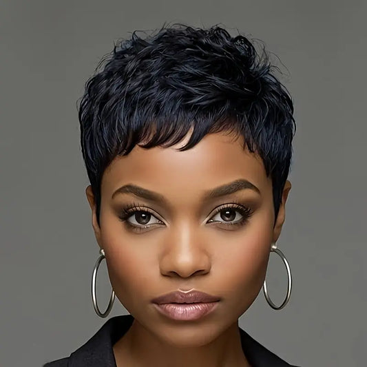 No import chargesLocal warehouseElegant Short Pixie Cut Wig for Women - Dark Blue Synthetic Wavy Hair with Bangs, Rose Net Cap, 120% Density, Body Wave Style, Perfect for Everyday Glamour