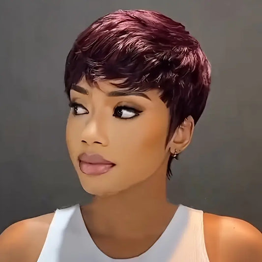 Vibrant Red 99J Burgundy/1B/Green Human Hair Wig 6 inch Pixie Cut Human Hair Wig with Bangs 180% Density Brazilian Remy Hair Wig. MY2139273 T