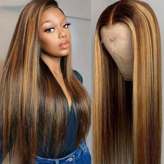 No import chargesLocal - Fastest delivery: 2 BUSINESS DAYSLong Straight Lace Front Wig for Women - Heat-Resistant Synthetic Hair with Dark Brown to Blonde Highlights, Natural Scalp Look, Closed Net Cap, Elegant Style for All Ethnicities, Long Hair Wig, Ve