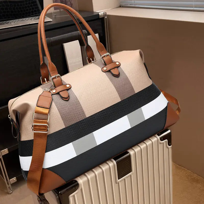 No import chargesLocal - Fastest delivery: 2 BUSINESS DAYSPU leather large overnight travel bag striped pattern handbag carry-on luggage bag suitable for vacation, overnight, camping, hiking, sports and fitness. 14062889Q T